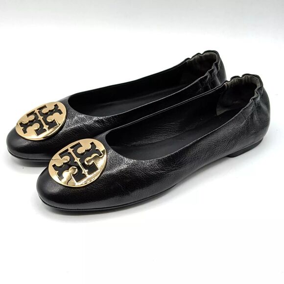 Tory Burch Claire Women's Ballet Flat Leather Shoes - Black, Gold NEW - Picture 1 of 11